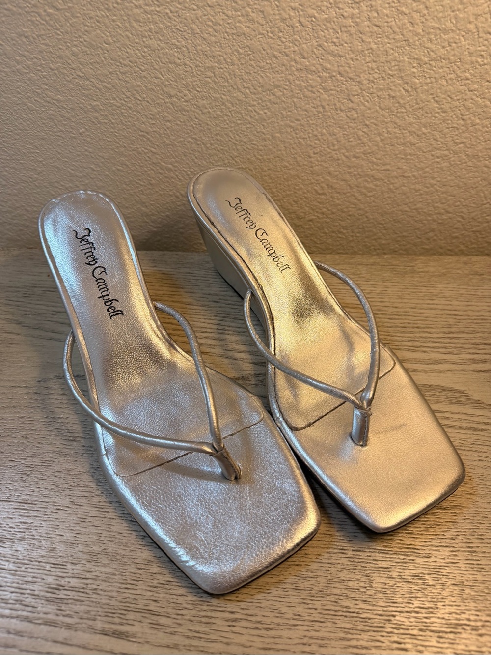 Jeffrey Campbell Metallic Gold Square-Toe Wedge Mules